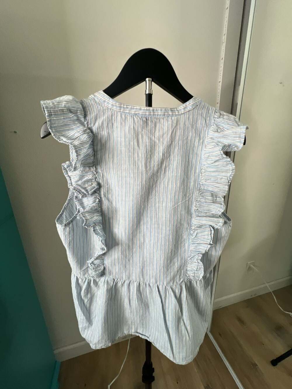 LOFT Striped Ruffle Tie Neck Peplum Sleeveless Blouse - Picture 5 of 11